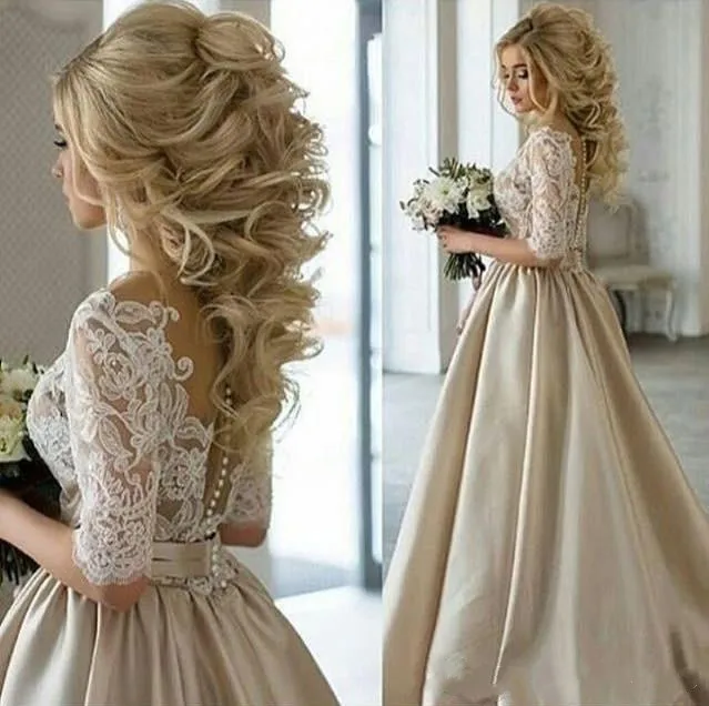 In 2019, the latest champagne dress absolute neck half sleeve applique lace long satin wedding dress
In 2019, the latest champagne dress absolute neck half sleeve applique lace long satin wedding dress