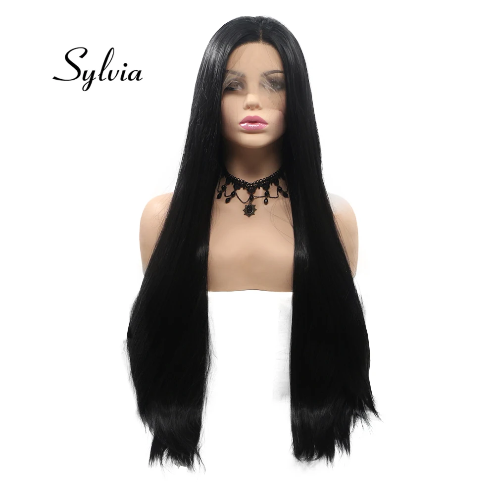 Sylvia 1b# Black Silky Straight Synthetic Lace Front Wigs Middle Parting Natural Kanekalon Fiber Heat Resistant Hair | Шиньоны и парики