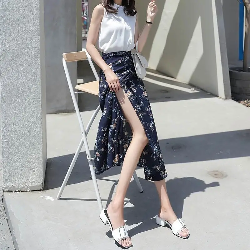 DSstyles 2019 New Women High Waist Floral Print Skirts Summer Womens Asymmetrical Chiffon Skirt Maxi Long for | Женская одежда