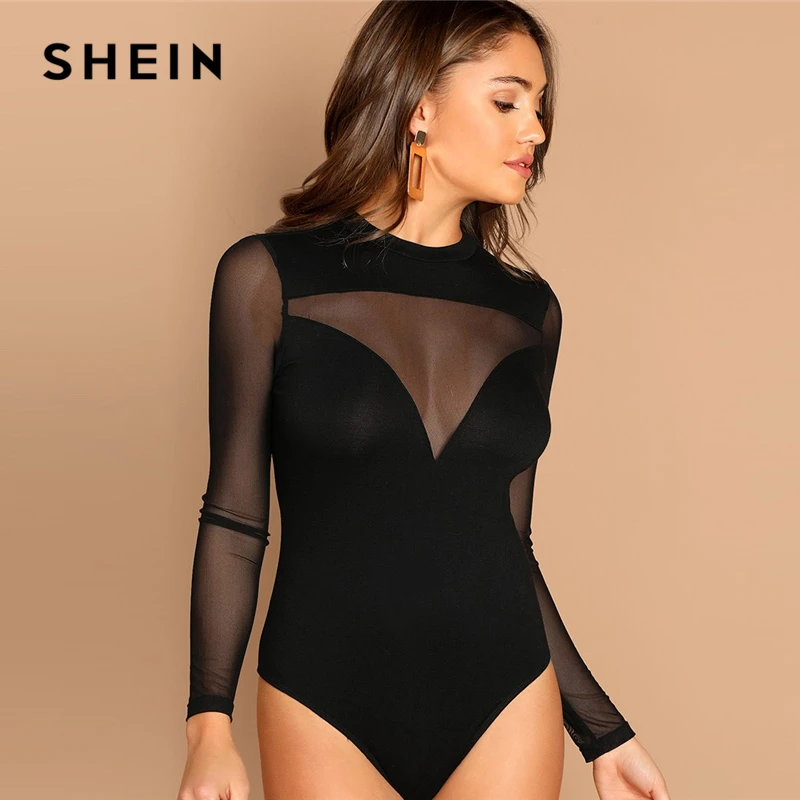 

SHEIN Black Mock-Neck Mesh Insert Form Fitting Bodysuit Elegant Plain Stand Collar Long Sleeve Skinny Women Spring Bodysuits