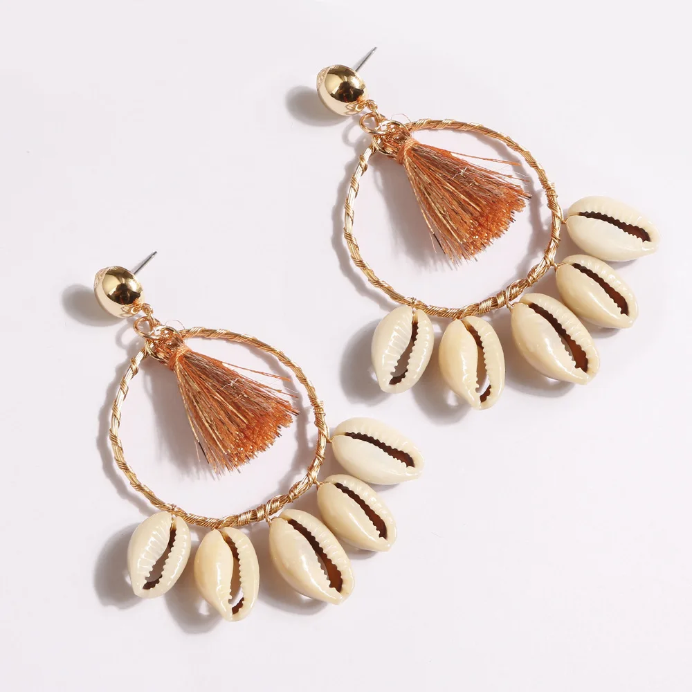 Fashion Bohemian shell big round tassel Pearl Long Earrings Beige Silk Fabric Pendant Hard Women 2019 Jewelry | Украшения и
