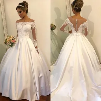 Classic Ball Gowns For Elegant Brides Satin Wedding Dress with Sparkly Sequins Pearls Illusion Long Sleeves Lace Appliques Longo
Classic Ball Gowns For Elegant Brides Satin Wedding Dress with Sparkly Sequins Pearls Illusion Long Sleeves Lace Appliques Longo