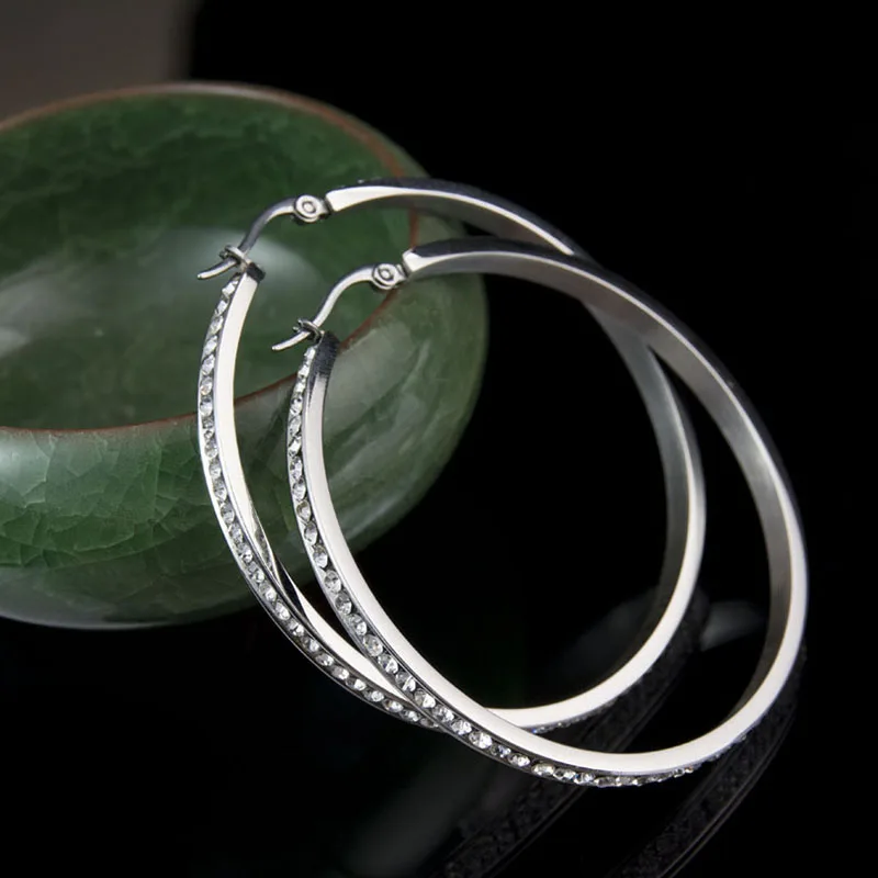 Image Charms Fashion Stainless Steel Hoop Earrings 55mm Elegant Round Crystal Pierced Silver Hoop Earrings Wedding Party Jewelry