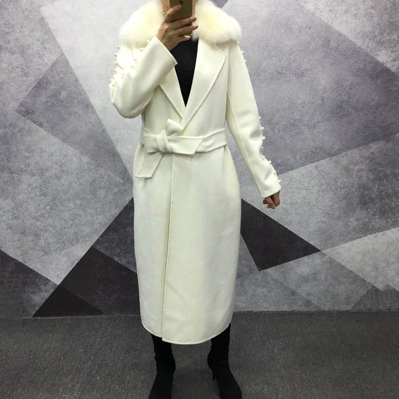2018 luxur women cashmere coat with real fox fur collar slim belt spring autumn long lady elegant outwear pearl on sleeve thin
2018 luxur women cashmere coat with real fox fur collar slim belt spring autumn long lady elegant outwear pearl on sleeve thin