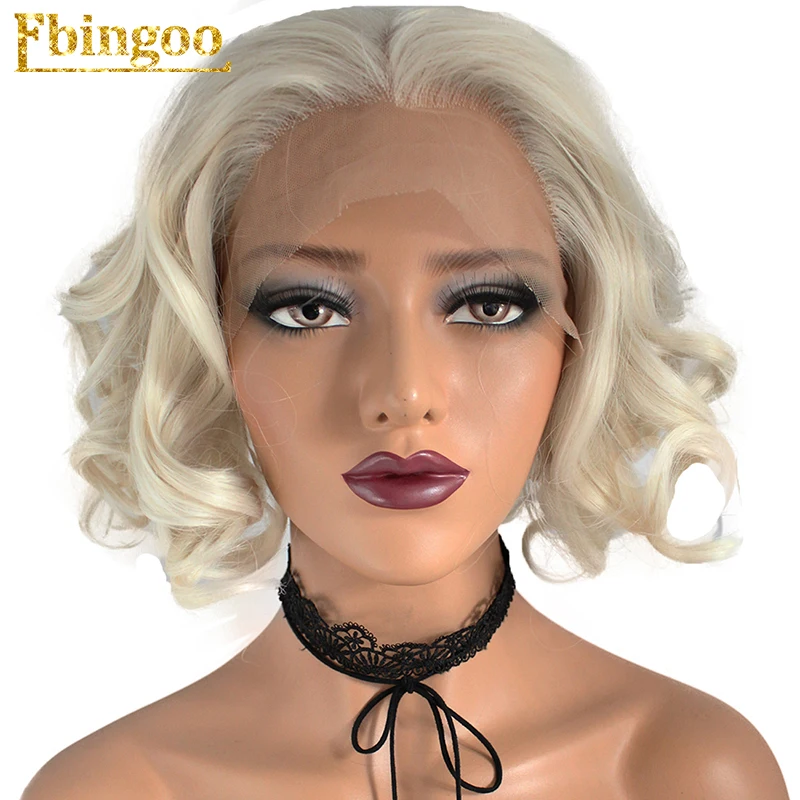 

Ebingoo Platinum Blonde 613 Short Body Wave Bob High Temperature Fiber Peruca Fluffy Chic Synthetic Lace Front Wig For Women