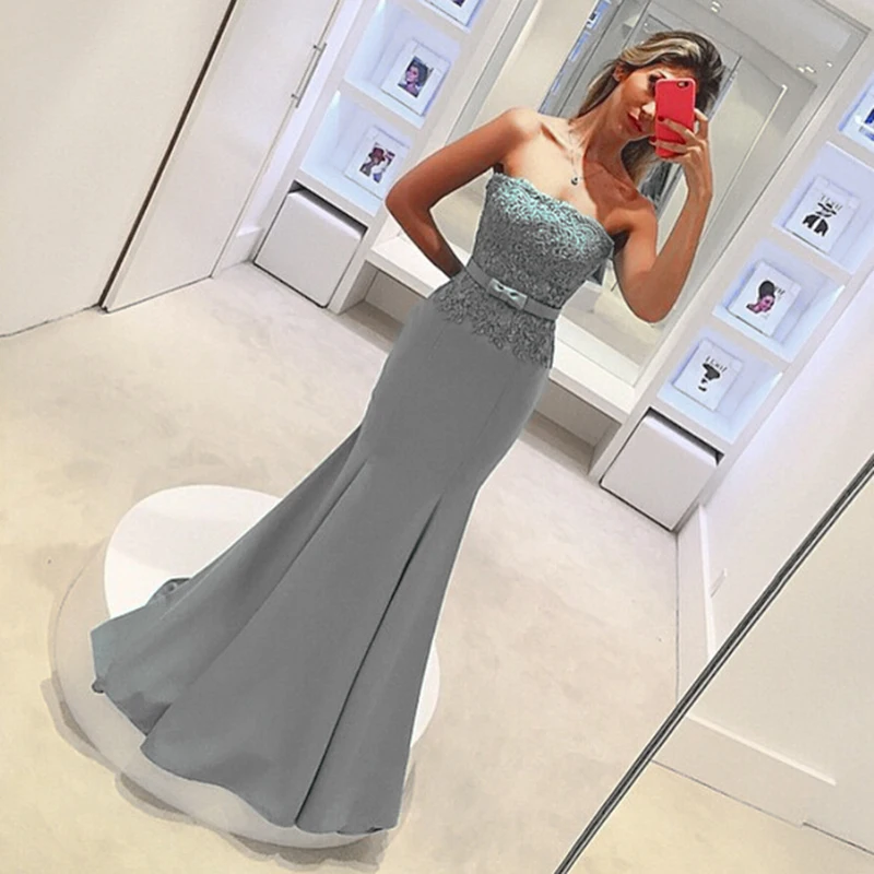 

2019 New Gray Mermaid Formal Bridesmaid Dress Cheap Strapless Lace Long Maid of Honor Gown Plus Size Custom Made