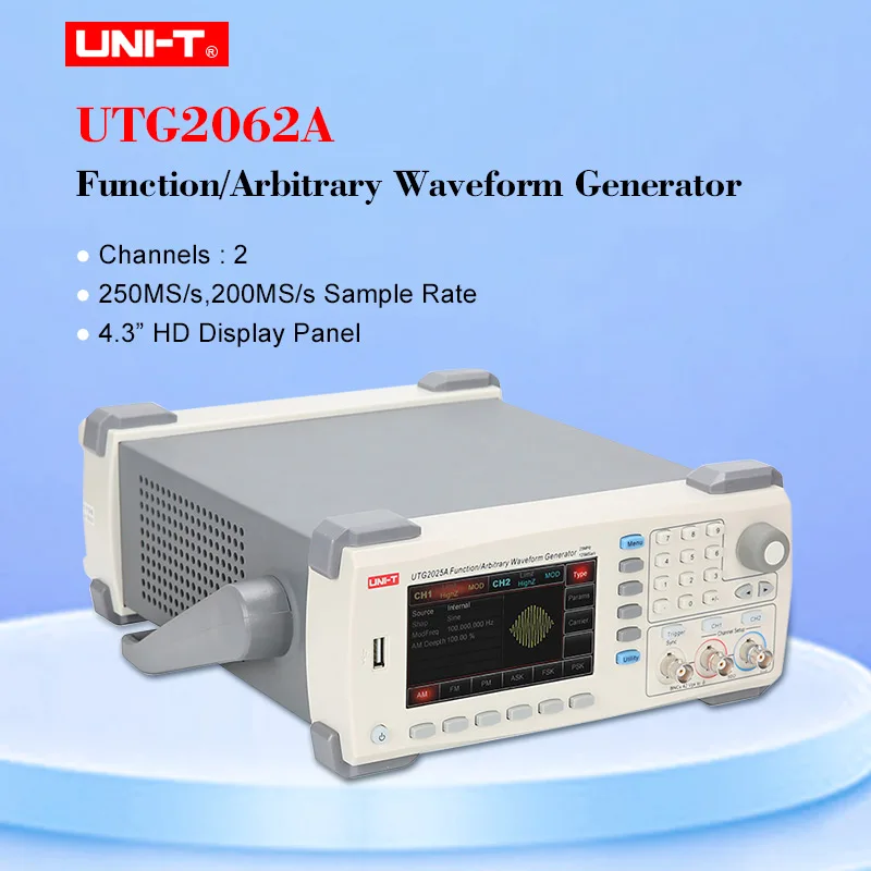 Function/Arbitrary Waveform Generator UNI-T UTG2062A 60MHz USB Dual Channels Signal 250MS/s 4.3'' TFTLCD Arb. Memory Depth 1M
Function/Arbitrary Waveform Generator UNI-T UTG2062A 60MHz USB Dual Channels Signal 250MS/s 4.3'' TFTLCD Arb. Memory Depth 1M