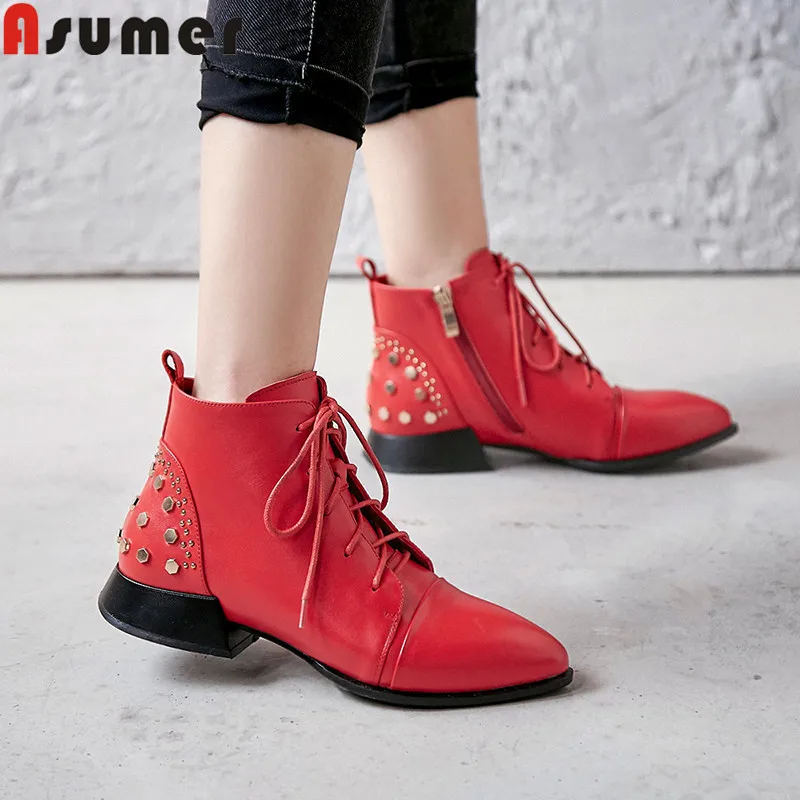 ASUMER big size 34-43 new genuine leather shoes pointed toe lace up ladies shoes women boots low heels rivet ankle boots 2019
ASUMER big size 34-43 new genuine leather shoes pointed toe lace up ladies shoes women boots low heels rivet ankle boots 2019