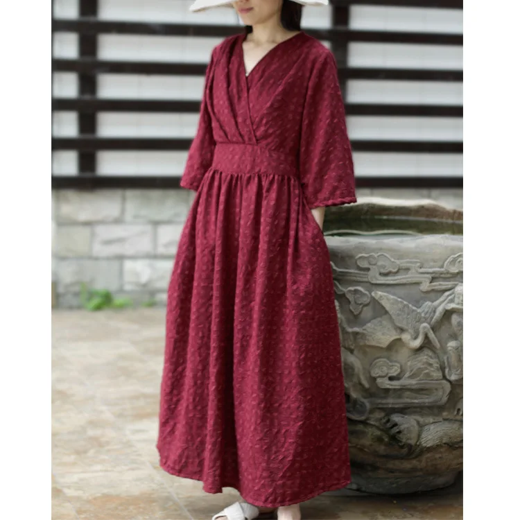 

Vintage Long V Neck High Waisted Belted Ruched Wine Red Jacquard Cotton Linen Dress, Flare Half Sleeve Plus Size Large Hem Robe