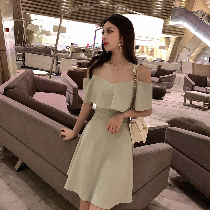 Mesh Patchwork Summer Dresses Ladies Korean Fashion Fresh Off Shoulder Dress Black Green Slim French Slash Neck Kpop Robe Femme
Mesh Patchwork Summer Dresses Ladies Korean Fashion Fresh Off Shoulder Dress Black Green Slim French Slash Neck Kpop Robe Femme