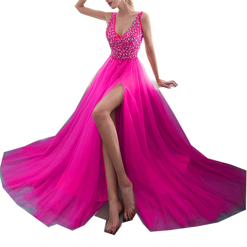 V-Neck-Beading-Evening-Dress-Back-Lace-Up-Evening-Dress-With-Slit-Evening-Gown-2019-LongAAAGFGFFGGG