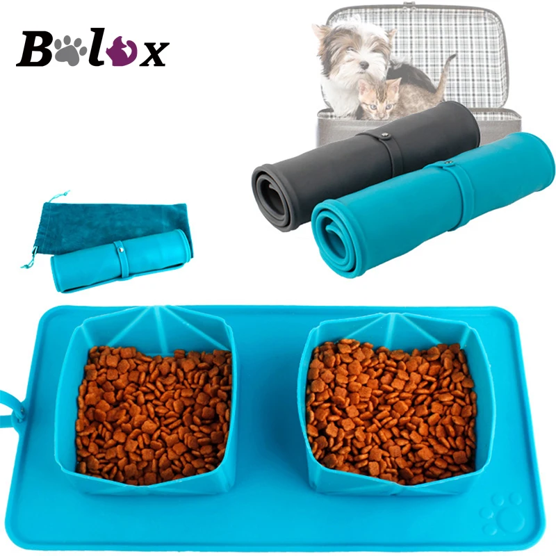Dog Collapsible Silicone Double Bowl Foldable Portable Pet Feeder Travel Bowl Eating Drinking Paw Dish Outdoor Feeding Two Bowls