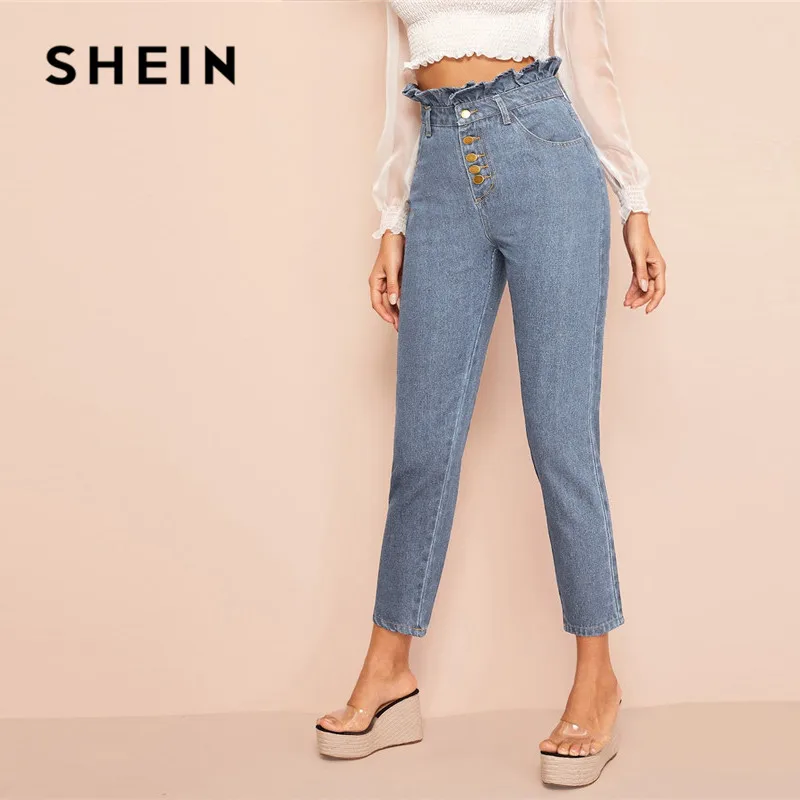 

SHEIN Light Wash Button Fly Paperbag Waist Skinny Jeans Woman Spring Summer Casual High Waist Jeans Blue Denim Ladies Pants