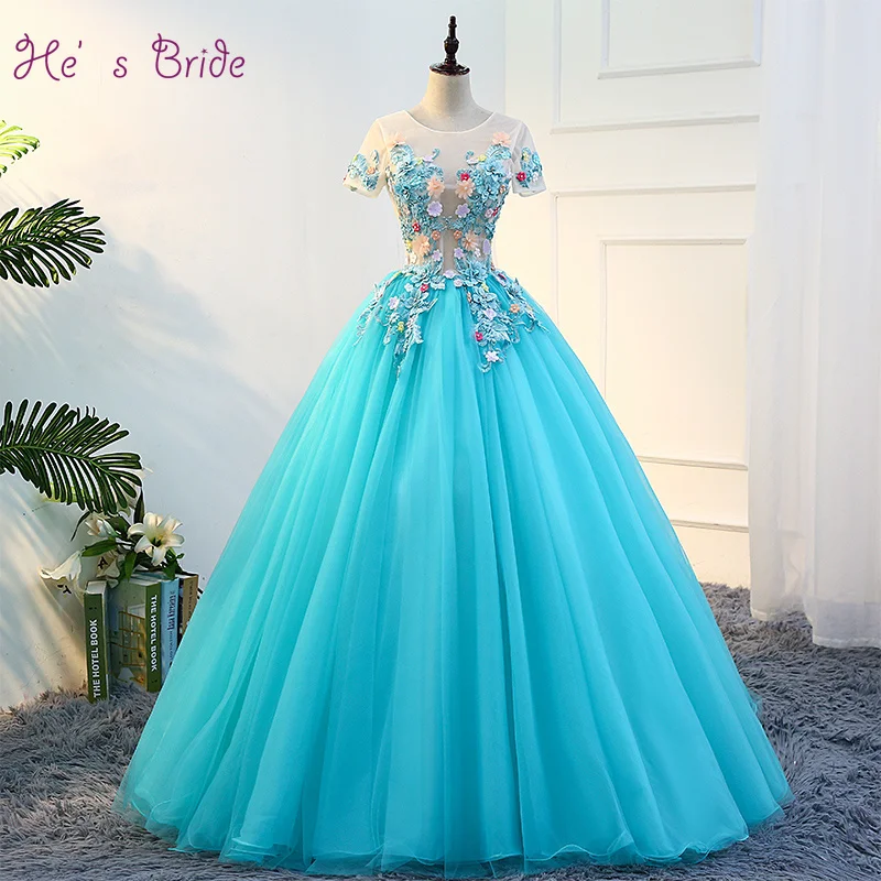 He's Bride Elegant Flower O Neck Short Sleeves Lace Up Back Floor-Length Ball Gown Tulle Blue Wedding Dress Custom Plus Size
He's Bride Elegant Flower O Neck Short Sleeves Lace Up Back Floor-Length Ball Gown Tulle Blue Wedding Dress Custom Plus Size