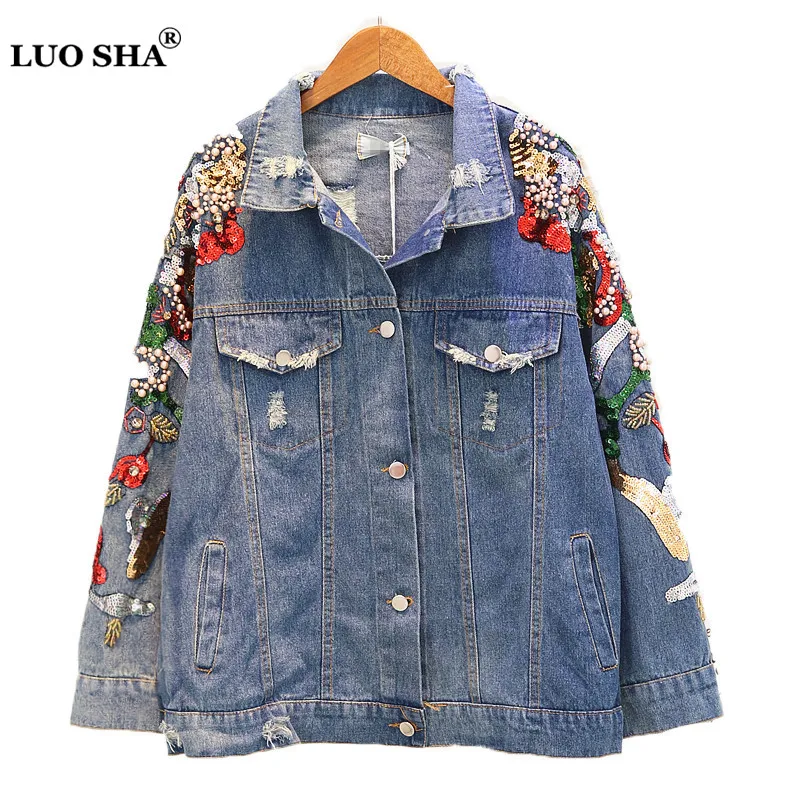 

LUOSHA Women 2018 New Fashion Glitter Sequined Ripped Denim Jacket Frayed Raw Hem Hole Beading Demin Loose Autumn Jean Coat