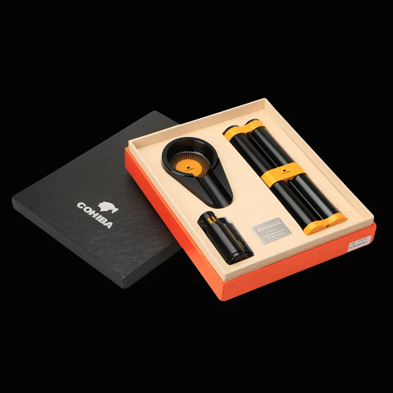 COHIBA Business Gifts Black Metal Windproof 3 Torch Jet Flame Gas Cigar Lighter Cigar Ashtray Cigar Tube with Humidifier
COHIBA Business Gifts Black Metal Windproof 3 Torch Jet Flame Gas Cigar Lighter Cigar Ashtray Cigar Tube with Humidifier