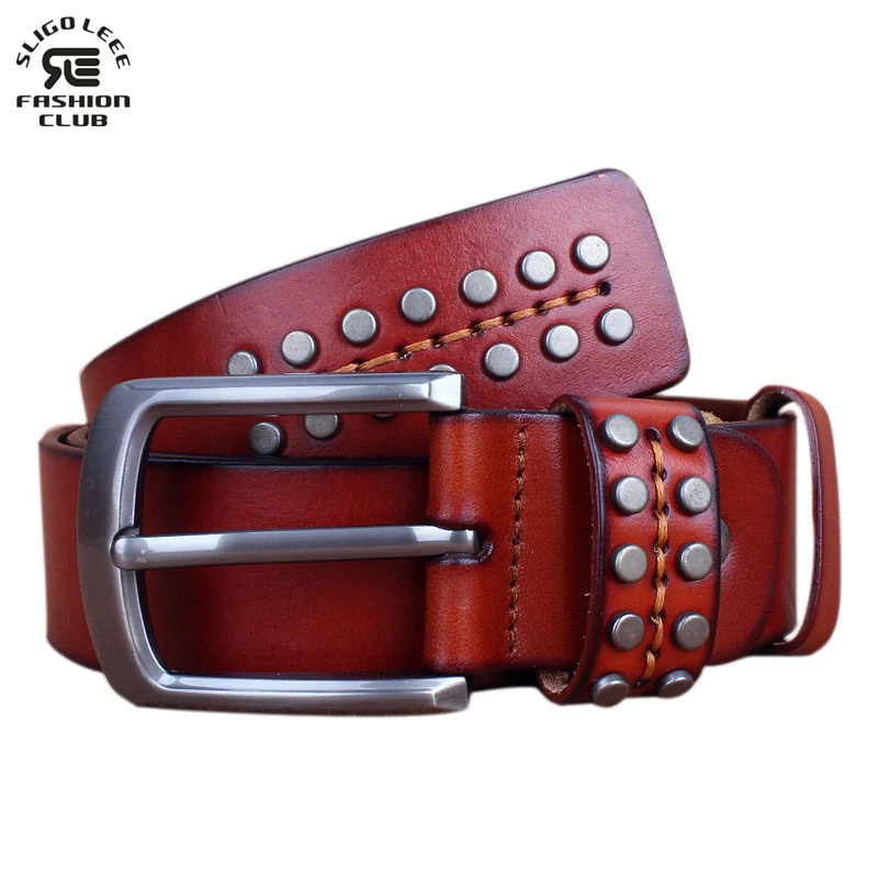 

SLIGOLEEE Men belt top layer rivet punk belt cow genuine leather male strap handcrafted cintos masculinos belt for men fashion