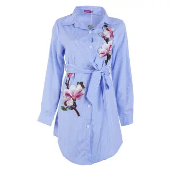 Women Embroidery Long Blouse Blue And White Striped Lapel Long Sleeve Self Belted Embroidered Shirt 
Women Embroidery Long Blouse Blue And White Striped Lapel Long Sleeve Self Belted Embroidered Shirt