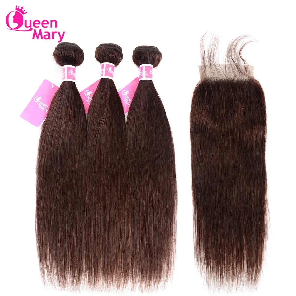 Brazilian Straight Hair Bundles With Closure #2 Dark Brown Human 3 Queen Mary Non Remy Extension | Шиньоны и парики