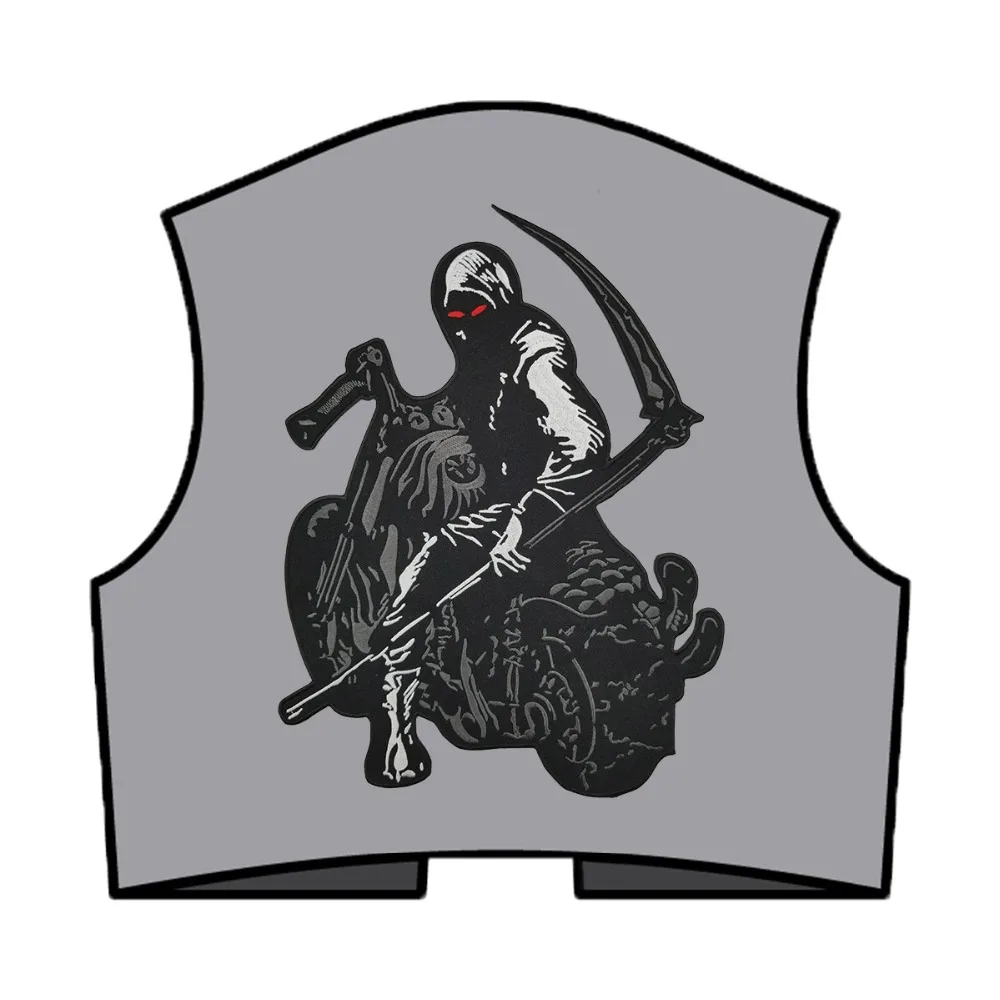 Death Skull Biker Vest Rider Embroidered Iron On Back of Jacket Patch Black twill fabric Free Shipping DIY Eco-Friendly(5)