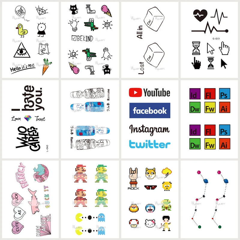 Wyuen 12 PCS/lot Creative Tool Game Fake Tattoo Food Temporary Tatoo Stickers Heartbeat Tattoos for Woman Body Art JY-037
Wyuen 12 PCS/lot Creative Tool Game Fake Tattoo Food Temporary Tatoo Stickers Heartbeat Tattoos for Woman Body Art JY-037