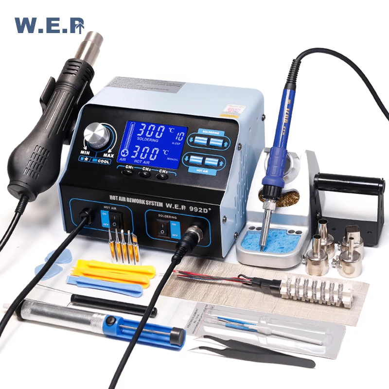 WEP 992D+ 720W Soldering Station Soldering Iron Hot Air Gun BGA Solder Rework Station Smd Rework Electronic Circuit Repair Tool
WEP 992D+ 720W Soldering Station Soldering Iron Hot Air Gun BGA Solder Rework Station Smd Rework Electronic Circuit Repair Tool