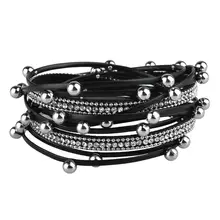 Punk Hoge Kwaliteit Zwart Zilver Rose Goud Lagen Rhinestone Crystal Magnetische Sluiting Vrouwen mannen Kraal Wrap Lederen Armband(China)