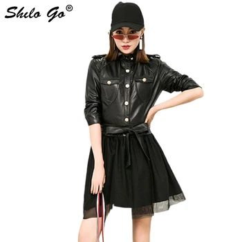 Bow Belt Leather Dress Women Summer Single Breasted Meah Spliced Sheepskin Genuine Leather Dress Half Sleeve Female Mini Dress
Bow Belt Leather Dress Women Summer Single Breasted Meah Spliced Sheepskin Genuine Leather Dress Half Sleeve Female Mini Dress