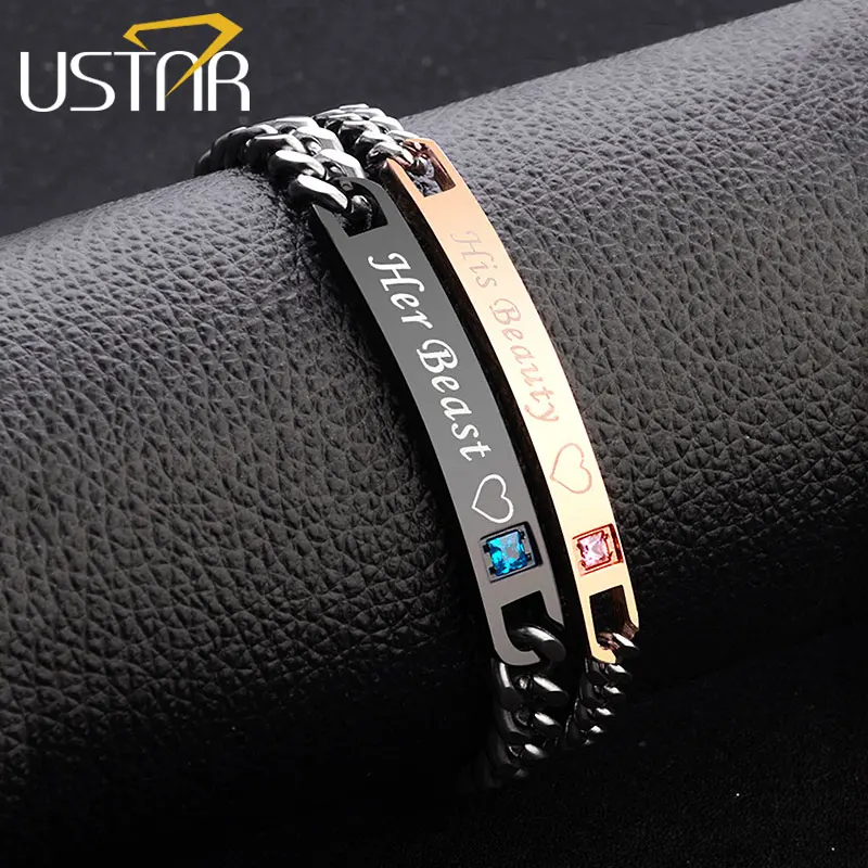 USTAR Lovers' Bracelet for women men jewelry "Her Beast His Beauty" letter chain link Heart men Bracelet bangle femme party gift
USTAR Lovers' Bracelet for women men jewelry "Her Beast His Beauty" letter chain link Heart men Bracelet bangle femme party gift
