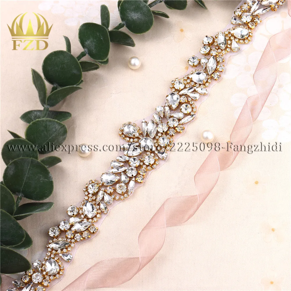 

FZD 10 PCS Handmade DIY Iron On Sew On Beaded Applique Sash belt for Wedding Dress Crystal Rhinestones Sash Belts Bridal Trim