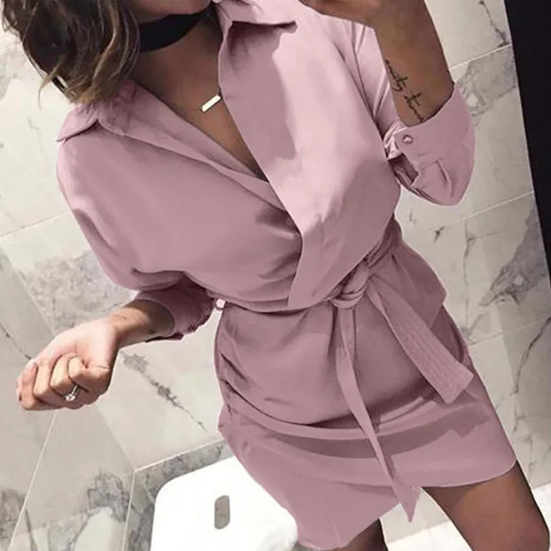 Fashion Casual Shirt Dress 2019 Women Spring Solid Color Dress Long Sleeve Turn-Down Collar Waist Sashes Mini Office Dress
Fashion Casual Shirt Dress 2019 Women Spring Solid Color Dress Long Sleeve Turn-Down Collar Waist Sashes Mini Office Dress