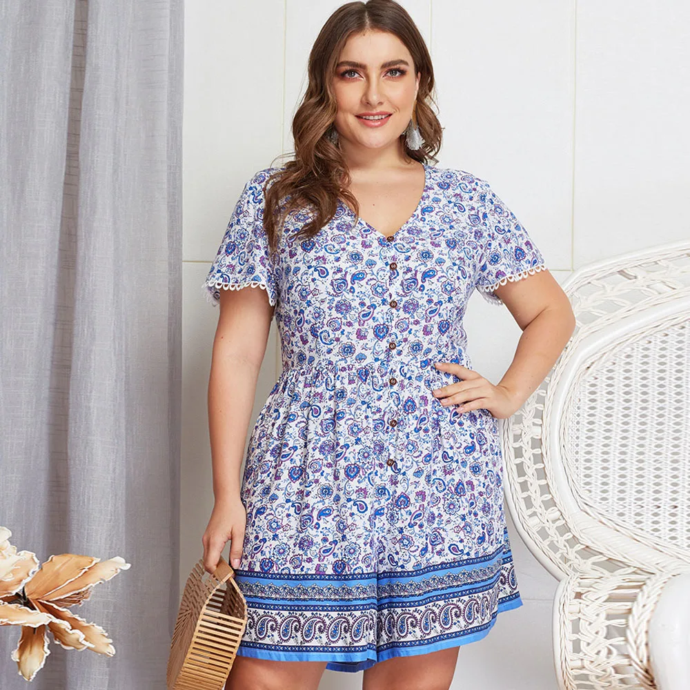 2019 Summer Women Plus Size 3XL 4XL V-Neck Short Sleeve Print Loose Buttons Playsuits Casual Wide Leg Shorts Oversize Jumpsuits
2019 Summer Women Plus Size 3XL 4XL V-Neck Short Sleeve Print Loose Buttons Playsuits Casual Wide Leg Shorts Oversize Jumpsuits