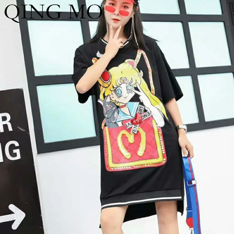 QING MO Women Cartoon Print T Shirt Dress Black White Pink Women Summer Irregular Dress Women Sequin Dress ZQY718
QING MO Women Cartoon Print T Shirt Dress Black White Pink Women Summer Irregular Dress Women Sequin Dress ZQY718
