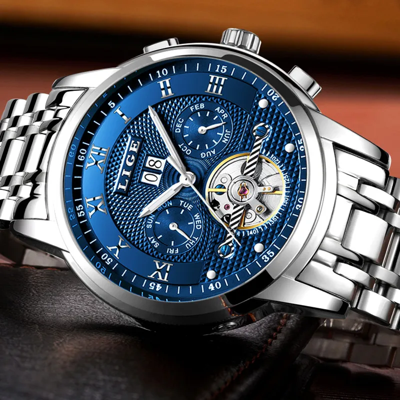 LIGE Mechanical Creative Tourbillon Watch Men Business Top Brand Luxury Waterproof Mens Watches Date Blue Dial relogio masculino
LIGE Mechanical Creative Tourbillon Watch Men Business Top Brand Luxury Waterproof Mens Watches Date Blue Dial relogio masculino