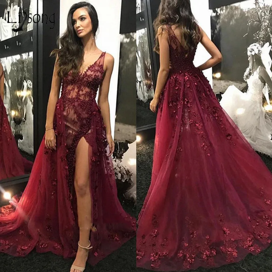 Sexy See Thru Burgundy Lace Mermaid Prom Dresses With Detachable Train Floral Pearls Split Prom Gowns Vestidos Longo 2019
Sexy See Thru Burgundy Lace Mermaid Prom Dresses With Detachable Train Floral Pearls Split Prom Gowns Vestidos Longo 2019