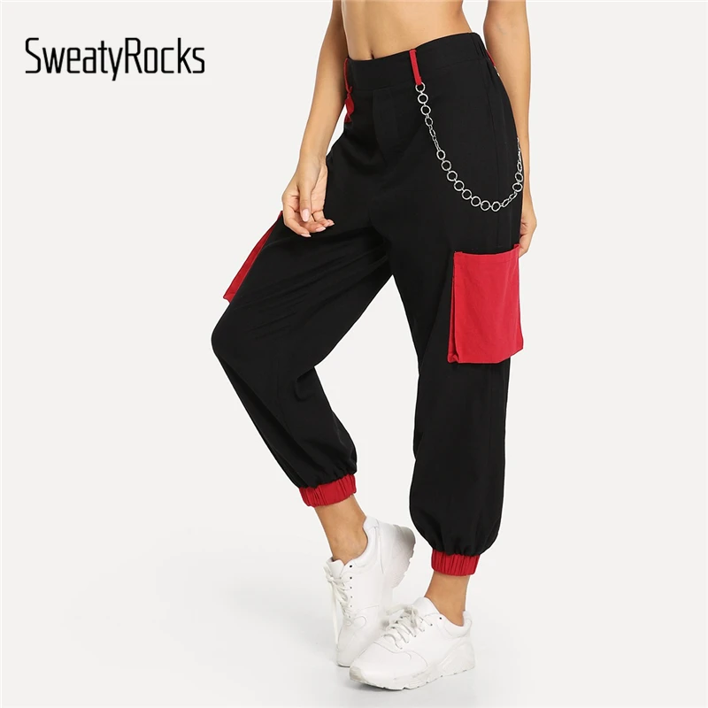 

SweatyRocks Black Chain Embellished Two Tone Pants Loose Patchwork Streetwear Women Cargo Pants 2018 Autumn Pocket Tapered Pants