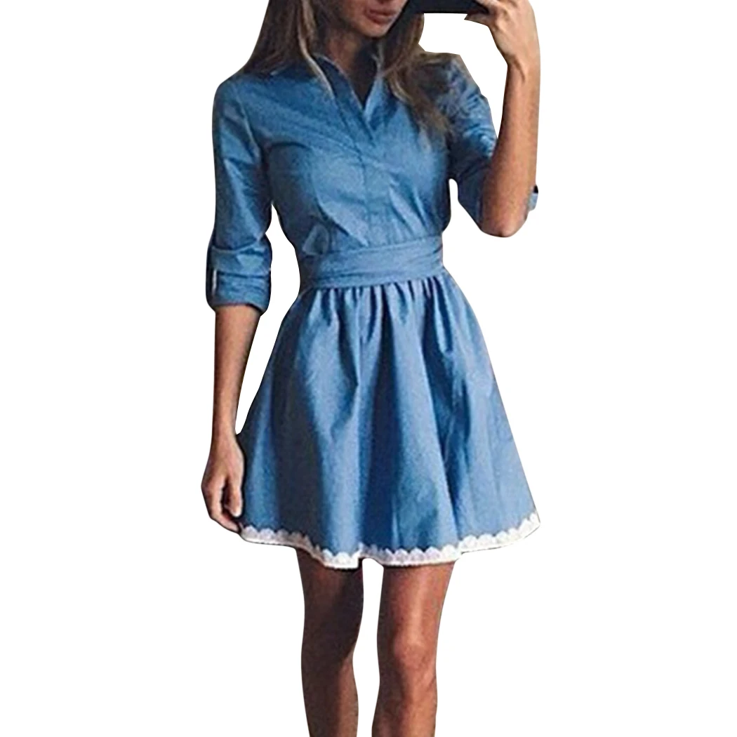 2018 Fashion Vintage Women Lace Trim Denim Dress High Waist Long Sleeve A-Line Jeans Dress Female Button Mini Dresses Vestidos
2018 Fashion Vintage Women Lace Trim Denim Dress High Waist Long Sleeve A-Line Jeans Dress Female Button Mini Dresses Vestidos