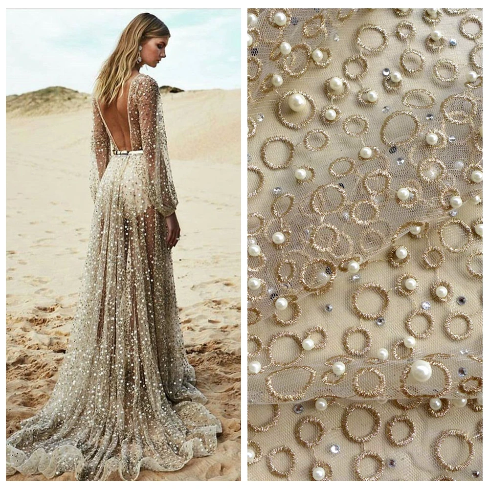 La Belleza one yard gold metallic stones pearls heavy embroidered wedding dress/evening/show dress lace fabric 51'' widht
La Belleza one yard gold metallic stones pearls heavy embroidered wedding dress/evening/show dress lace fabric 51'' widht