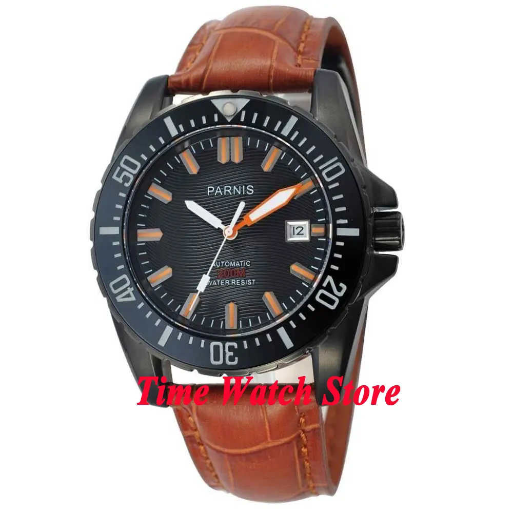 

Parnis 43mm Diver Miyota Automatic Men's Watch Sapphire Glass Black Dial PVD Coated Case Date Window Ceramic Bezel Leather Strap