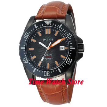 

Parnis 43mm Diver Miyota Automatic Men's watch Sapphire glass Black dial black PVD case date adjust Ceramic Bezel leather strap