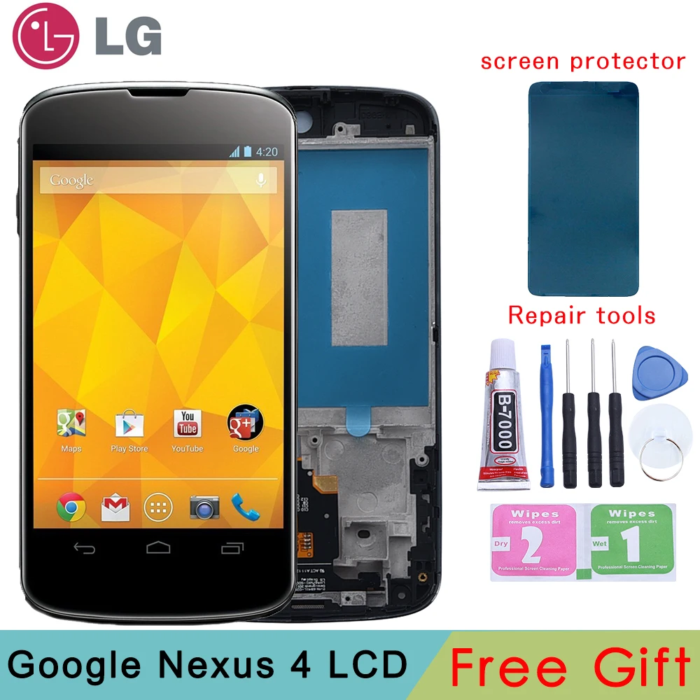 4.5" Black Full LCD Display Monitor Panel + Touch Screen Digitizer Sensor Glass Assembly + Frame For LG Google Nexus 4 E960
4.5" Black Full LCD Display Monitor Panel + Touch Screen Digitizer Sensor Glass Assembly + Frame For LG Google Nexus 4 E960