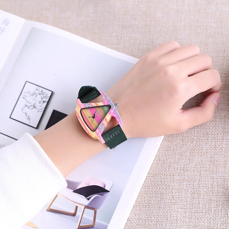 Women Wood Watches Unique Colorful Wooden Triangle Hollow Quartz Wristwatch Lady Elegant Fashion Genuine Leather bayan kol saati
Women Wood Watches Unique Colorful Wooden Triangle Hollow Quartz Wristwatch Lady Elegant Fashion Genuine Leather bayan kol saati