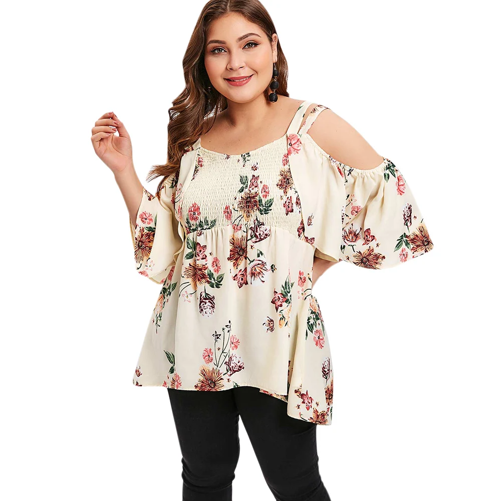 

Rosegal Plus Size Open Shoulder Floral High Low T-shirt Casual Print O Neck Three Quarter Smocked Women t-Shirt 2019 Ladies Tops