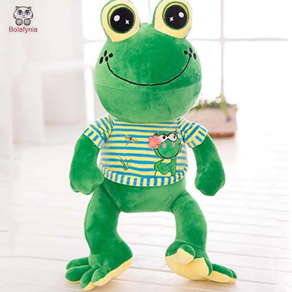 Фото Детская мягкая плюшевая игрушка лягушка с полосой одежда улыбка Детский