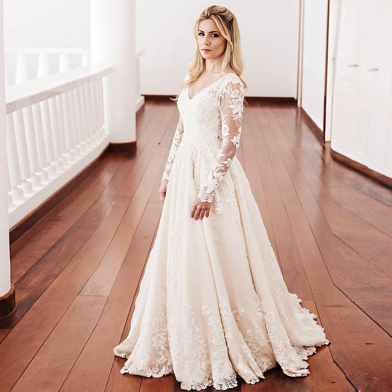 Graceful A Line Long Sleeve Wedding Dresses V Neck Appliques abiti da sposa Pleat Skirt Garden Wedding Dress Boho Bridal Dress
Graceful A Line Long Sleeve Wedding Dresses V Neck Appliques abiti da sposa Pleat Skirt Garden Wedding Dress Boho Bridal Dress