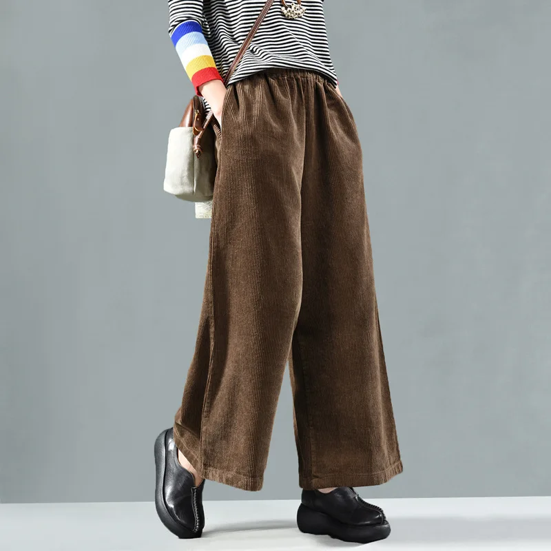 Зимние брюки в стиле ретро женские свободные вельветовые с эластичным поясом и