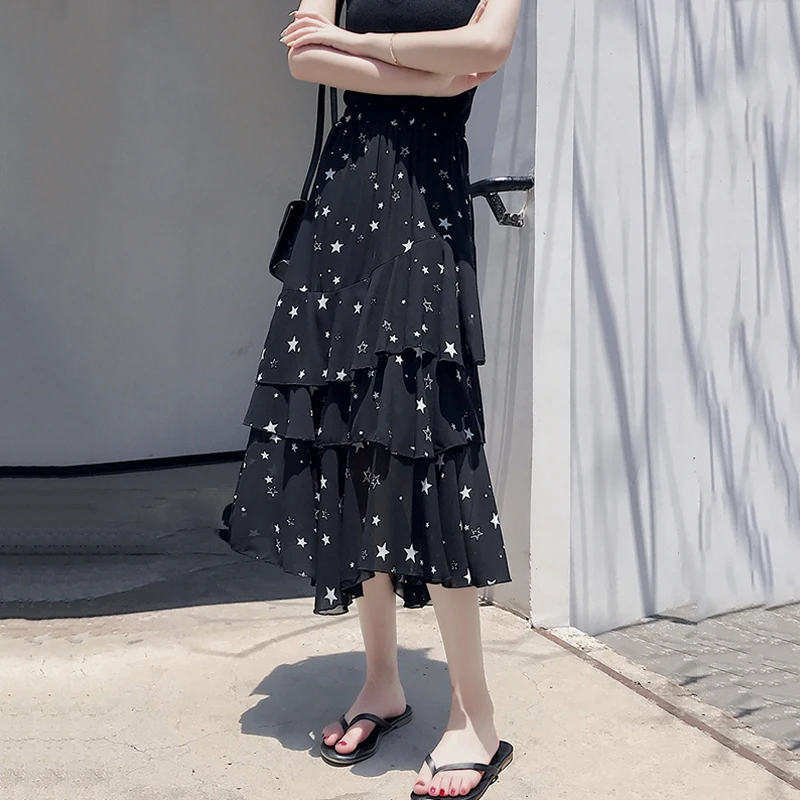 Retro Irregular Star Print Skirt Women's Lovely Ins Chic Kawaii Girl Sweet Harajuku Punk Clothes For Women Button | Женская одежда
