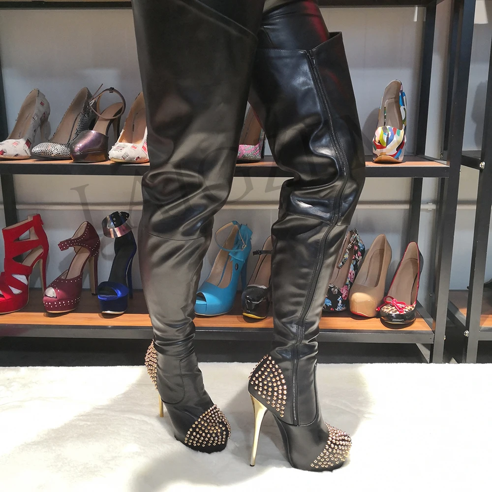 LAIGZEM STYLISH Women Over-the-Knee Boots Studded Waterproof Platform High Heels Thigh High Boots Botines Mujer Big Size 4-19 (7)