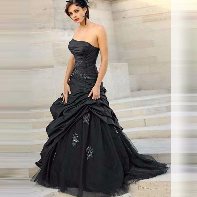 Black Gothic Wedding Dresses Strapless Taffeta Ball Gown Sleeveless Beaded Appliques vestidos de casamento vestido de noiva
Black Gothic Wedding Dresses Strapless Taffeta Ball Gown Sleeveless Beaded Appliques vestidos de casamento vestido de noiva
