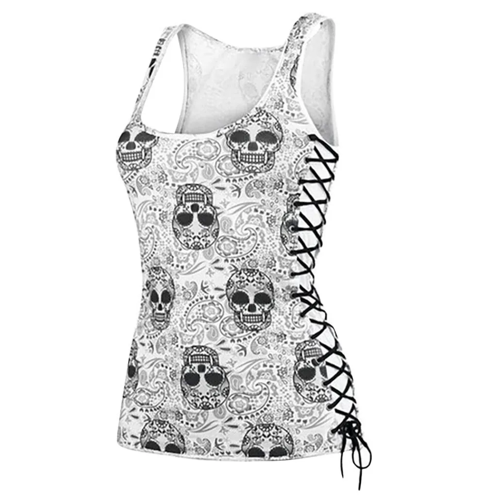 Plus Size 5XL T Shirts Women Skull Print Round Neck Sleeveless Slim Tops Tee Waist Side Cross Banadage T-Shirt Sexy tshirt#Z20
Plus Size 5XL T Shirts Women Skull Print Round Neck Sleeveless Slim Tops Tee Waist Side Cross Banadage T-Shirt Sexy tshirt#Z20